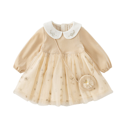 Dave&Bella Toddler Girls Autumn Apricot-yellow Delicate Mesh Princess Dress(wallet bag)
