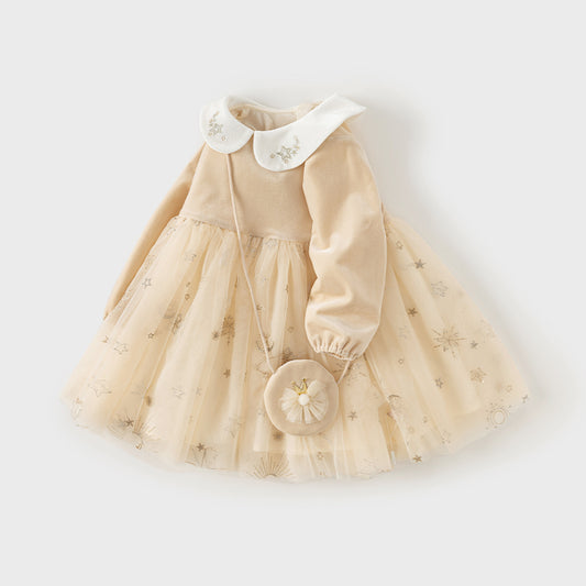 Dave&Bella Toddler Girls Autumn Apricot-yellow Delicate Mesh Princess Dress(wallet bag)