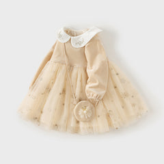 Dave&Bella Toddler Girls Autumn Apricot-yellow Delicate Mesh Princess Dress(wallet bag)