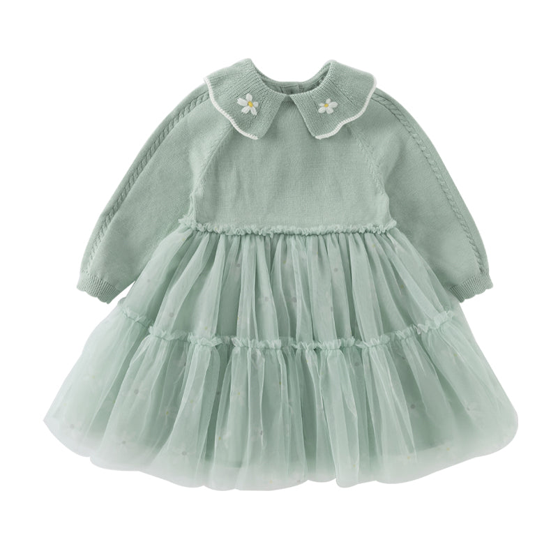 Dave&Bella Toddler Girls Autumn Elegance Green Fashion Knitted Mesh Princess Dress