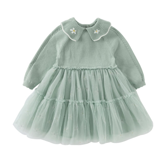 Dave&Bella Toddler Girls Autumn Elegance Green Fashion Knitted Mesh Princess Dress
