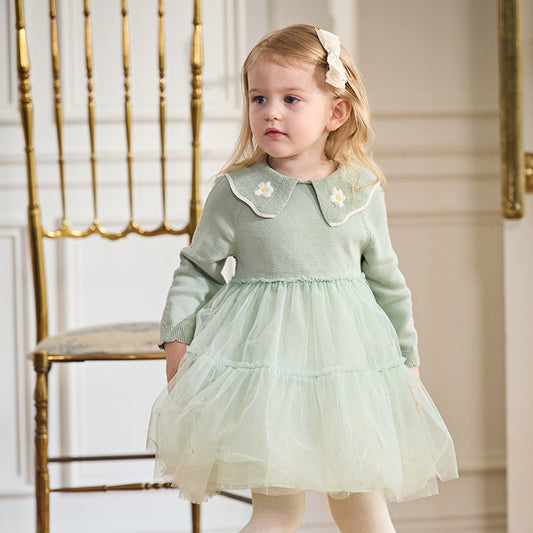 Dave&Bella Toddler Girls Autumn Elegance Green Fashion Knitted Mesh Princess Dress