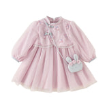 Dave&Bella Toddler Girls Classical Chinese-style Fake-two-piece Mesh Dress(wallet bag)