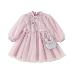 Dave&Bella Toddler Girls Classical Chinese-style Fake-two-piece Mesh Dress(wallet bag)