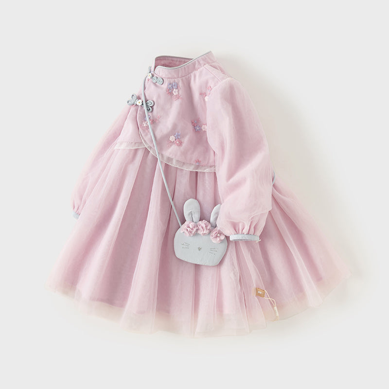Dave&Bella Toddler Girls Classical Chinese-style Fake-two-piece Mesh Dress(wallet bag)