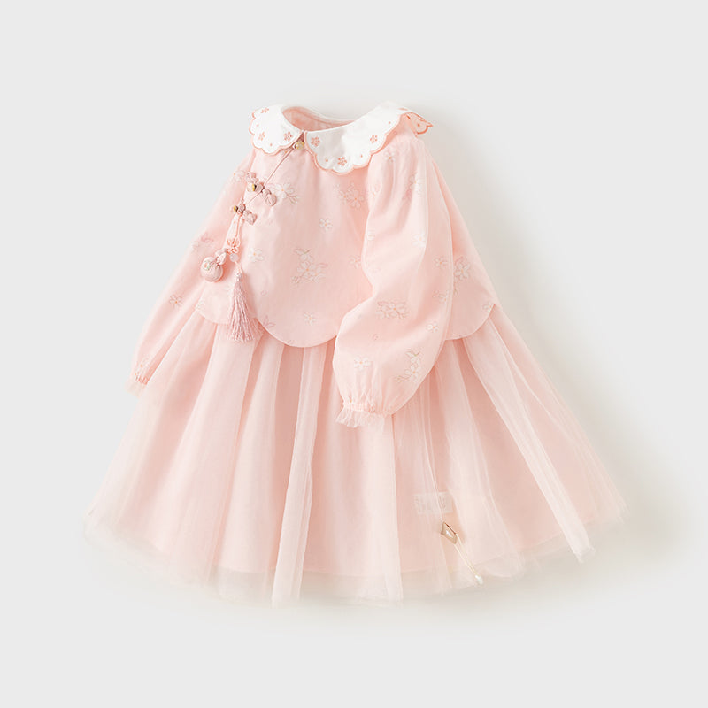 Dave&Bella Toddler Girls Sweet Pink Floral Lace Collar Chinese-style Mesh Dress