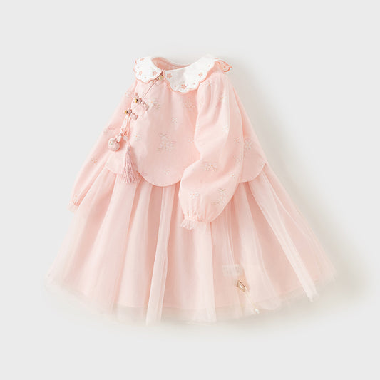 Dave&Bella Toddler Girls Sweet Pink Floral Lace Collor Chinese-style Mesh Dress