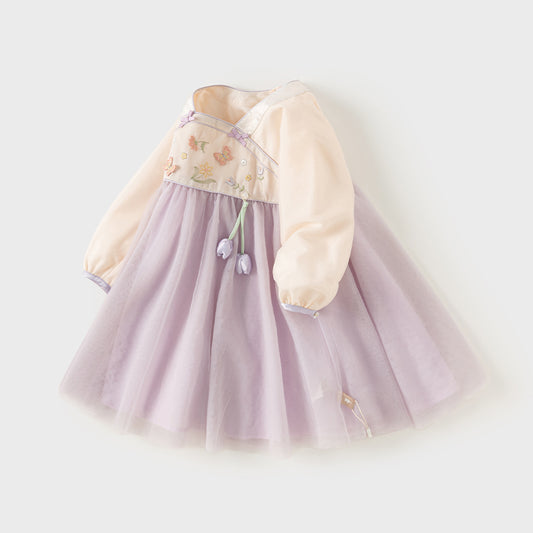 Dave&Bella Toddler Girls Grey Purple Chinese-style A-line Soft Mesh Dress