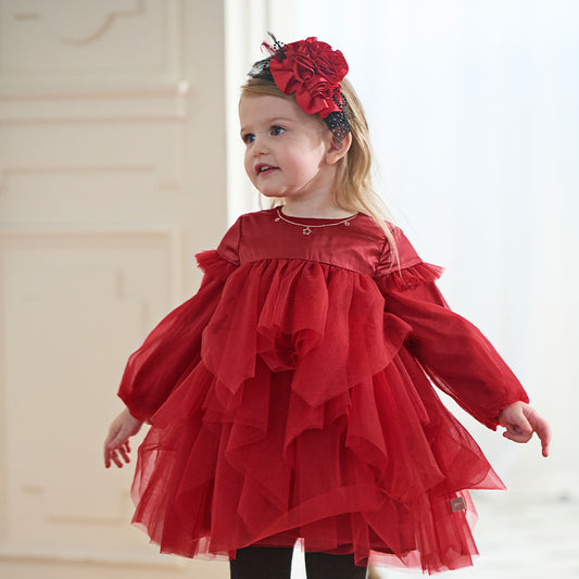 Dave&Bella Toddler Girls Autumn Festival Red Fluffy Mesh Princess Dress