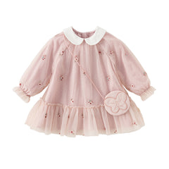 Dave&Bella Toddler Girls Autumn Sweet Pink Embroidery Mesh Princess Dress (wallet bag)