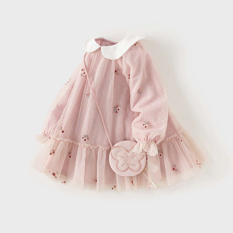 Dave&Bella Toddler Girls Sweet Pink Embroidery Mesh Princess Dress (wallet bag)