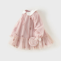 Dave&Bella Toddler Girls Autumn Sweet Pink Embroidery Mesh Princess Dress (wallet bag)