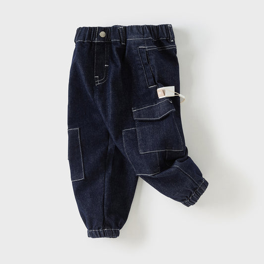 Dave&Bella Toddler Boys Autumn Stretchy Denim Blue Drawstring Jeans Pants