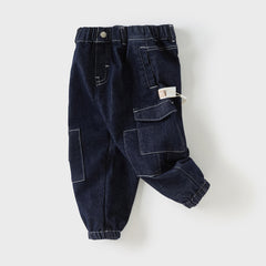 Dave&Bella Toddler Boys Autumn Stretchy Denim Blue Drawstring Jeans Pants