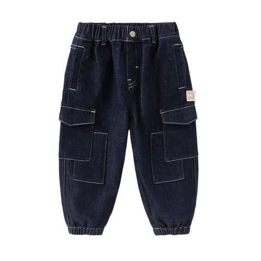 Dave&Bella Toddler Boys Autumn Stretchy Denim Blue Drawstring Jeans Pants