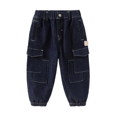 Dave&Bella Toddler Boys Autumn Stretchy Denim Blue Drawstring Jeans Pants
