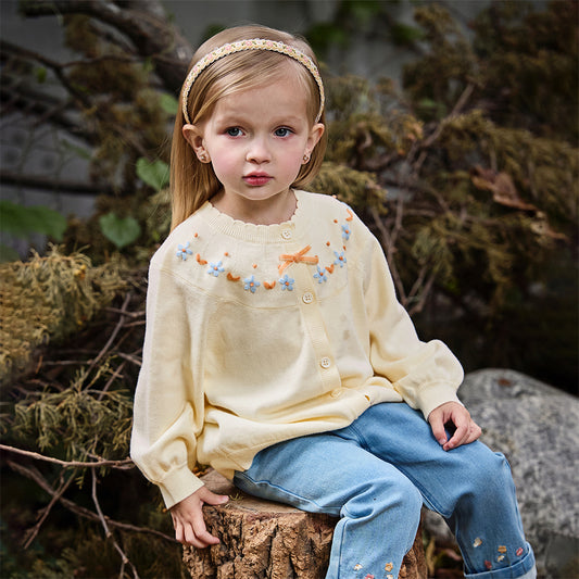 Dave&Bella Girls Autumn Vivid Cotton Yellow Sweater Cardigan Coat Top