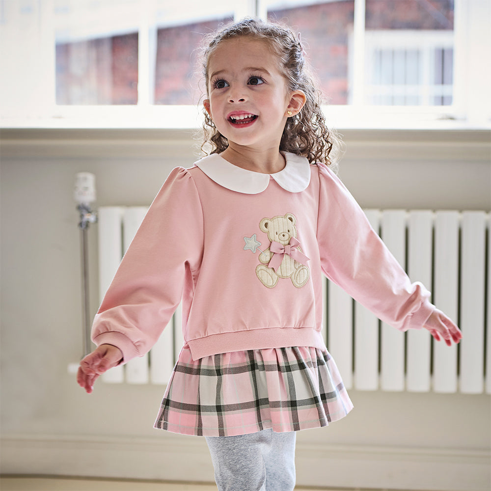 Dave&Bella Toddler Girls Adorable Pink Bear-print Plaid Dress-style Sweatshirts