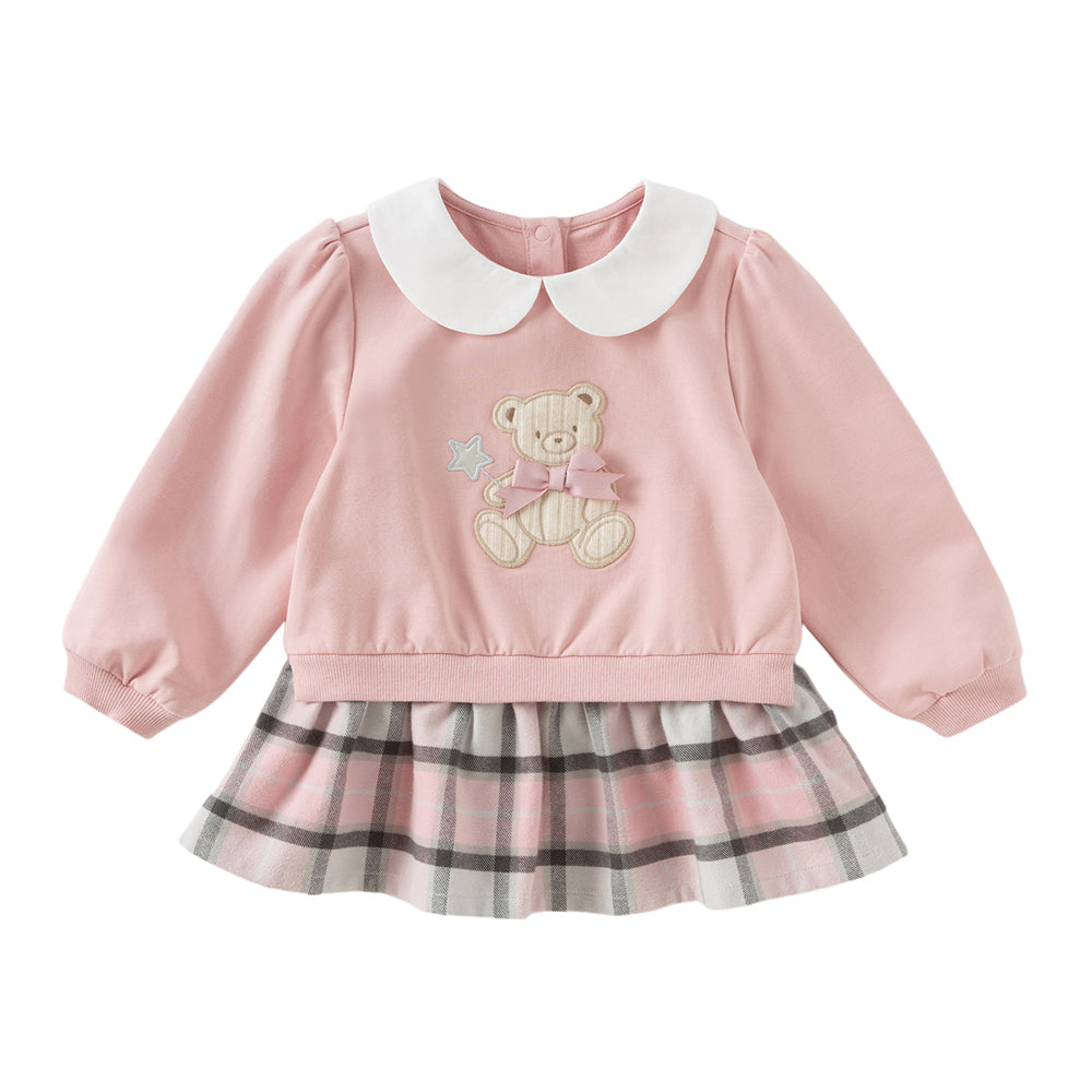 Dave&Bella Toddler Girls Adorable Pink Bear-print Plaid Dress-style Sweatshirts