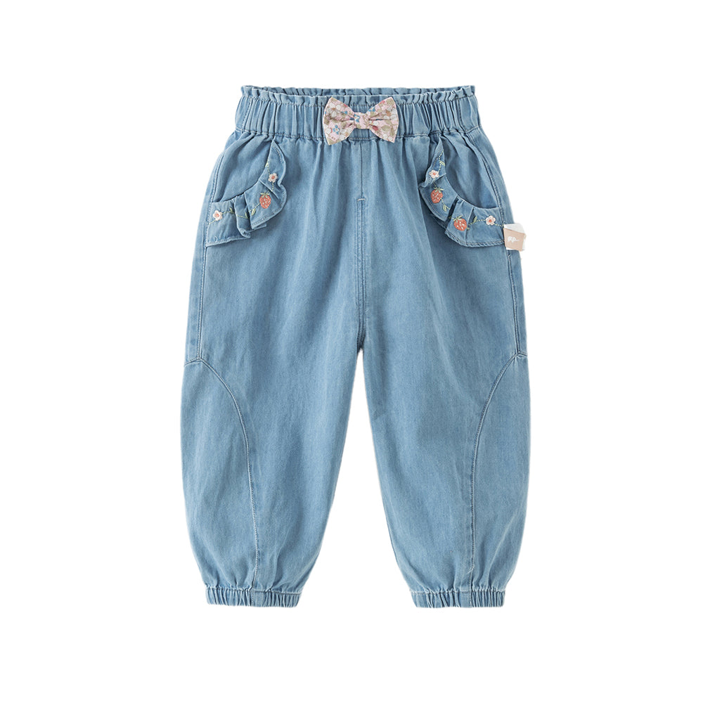 Dave&Bella Toddler Girls Cotton Embroidery Crafted Casual Denim Drawstring Pants