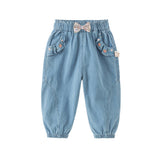 Dave&Bella Toddler Girls Cotton Embroidery Crafted Casual Denim Drawstring Pants