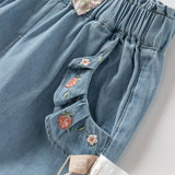 Dave&Bella Toddler Girls Cotton Embroidery Crafted Casual Denim Drawstring Pants