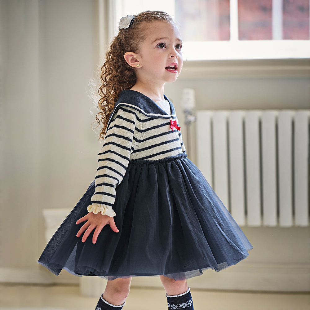 Dave&Bella Toddler Girls Navy Blue Striped Naval-style A-line Mesh Dress