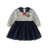 Dave&Bella Toddler Girls Navy Blue Striped Naval-style A-line Mesh Dress
