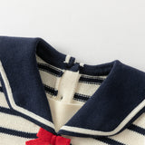 Dave&Bella Toddler Girls Navy Blue Striped Naval-style A-line Mesh Dress
