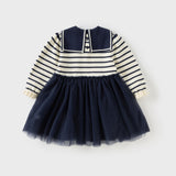 Dave&Bella Toddler Girls Navy Blue Striped Naval-style A-line Mesh Dress