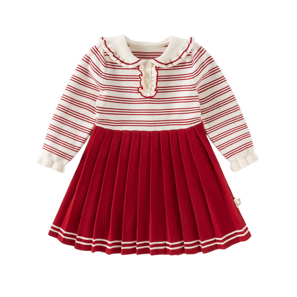 Dave&Bella Toddler Girls Winter Red White Striped Casual A-line Dress