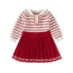 Dave&Bella Toddler Girls Winter Red White Striped Casual A-line Dress