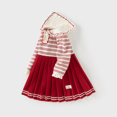 Dave&Bella Toddler Girls Winter Red White Striped Casual A-line Dress