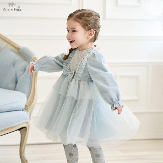 Dave&Bella Girls Autumn Elegance Grey Blue Mesh Charming Princess Dress