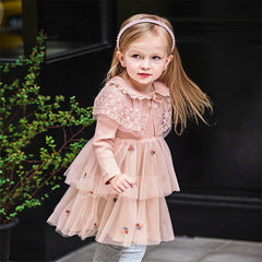 Dave&Bella Girls Autumn Sweet Pink A-line Princess Mesh Dress with Cape