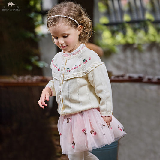 Dave&Bella Girls Autumn Cotton Fashion Flower Embroidery Knit Cardigan Coat Top