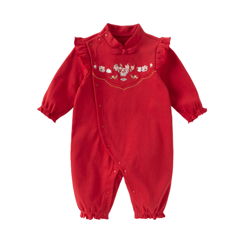 Dave&Bella Baby Girls Autumn Cotton Antibacterial Red One-Pieces Romper