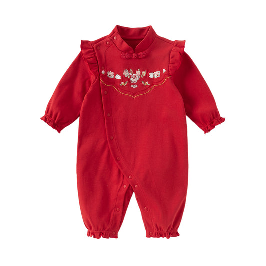 Dave&Bella Baby Girls Autumn Cotton Antibacterial Red One-Pieces Romper