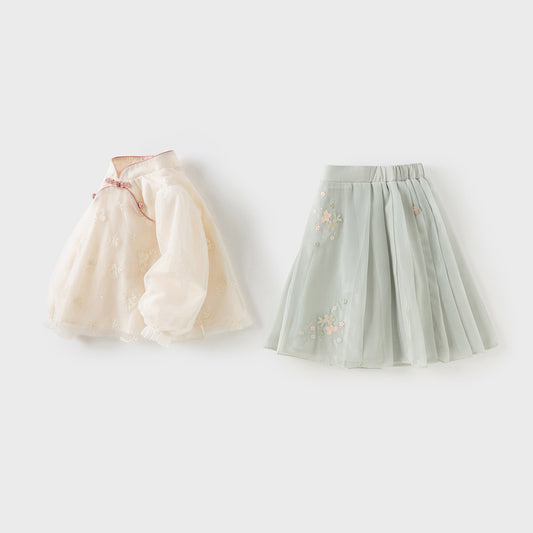 Dave&Bella Girls Autumn Gentle Elegant Mesh Chinese Style Half Dress Set