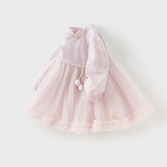 Dave&Bella Girls Autumn Hydrangea Print Mesh Chinese Style A-line Princess Dress