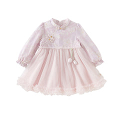 Dave&Bella Girls Autumn Hydrangea Print Mesh Chinese Style A-line Princess Dress