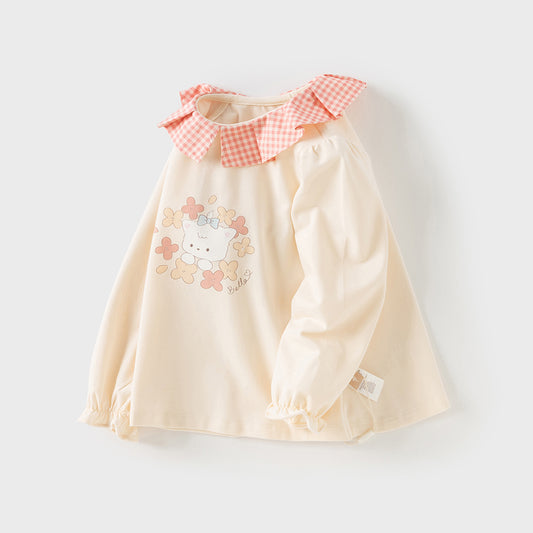 Dave&Bella Toddler Girls Autumn Cute Beige Cartoon Print T-shirts Tops