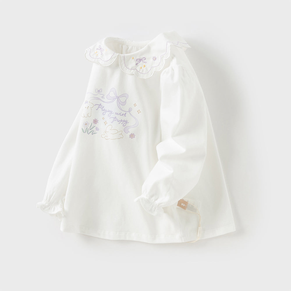 Dave&Bella Girls Toddler Adorable Cotton Lace Collar Print T-shirt Tops