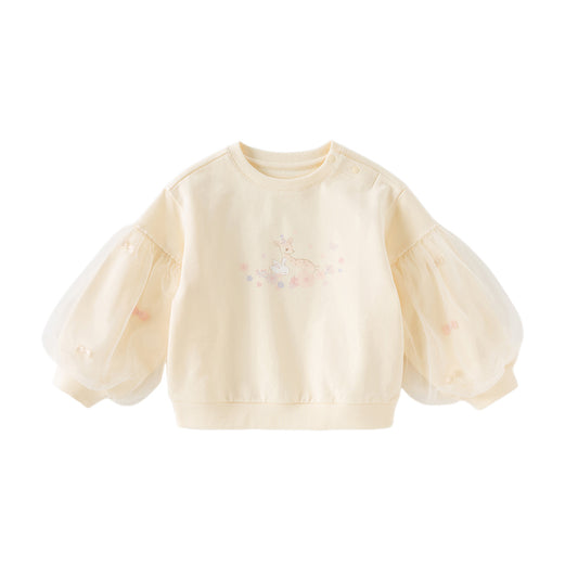Dave&Bella Toddler Girls Autumn Milk Yellow Adorable Mesh Sleeve Sweatshirts Tops