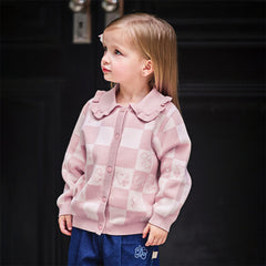 Dave&Bella Toddler Girls Autumn Sweet Cotton Pink White Plaid Knit Sweater Cardigans Coat