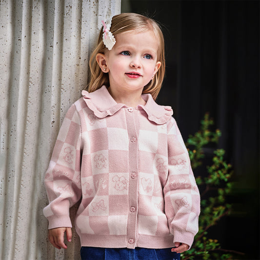Dave&Bella Toddler Girls Autumn Sweet Cotton Pink White Plaid Knit Sweater Cardigans Coat