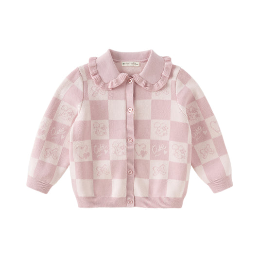 Dave&Bella Toddler Girls Autumn Sweet Cotton Pink White Plaid Knit Sweater Cardigans Coat