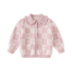 Dave&Bella Toddler Girls Autumn Sweet Cotton Pink White Plaid Knit Sweater Cardigans Coat
