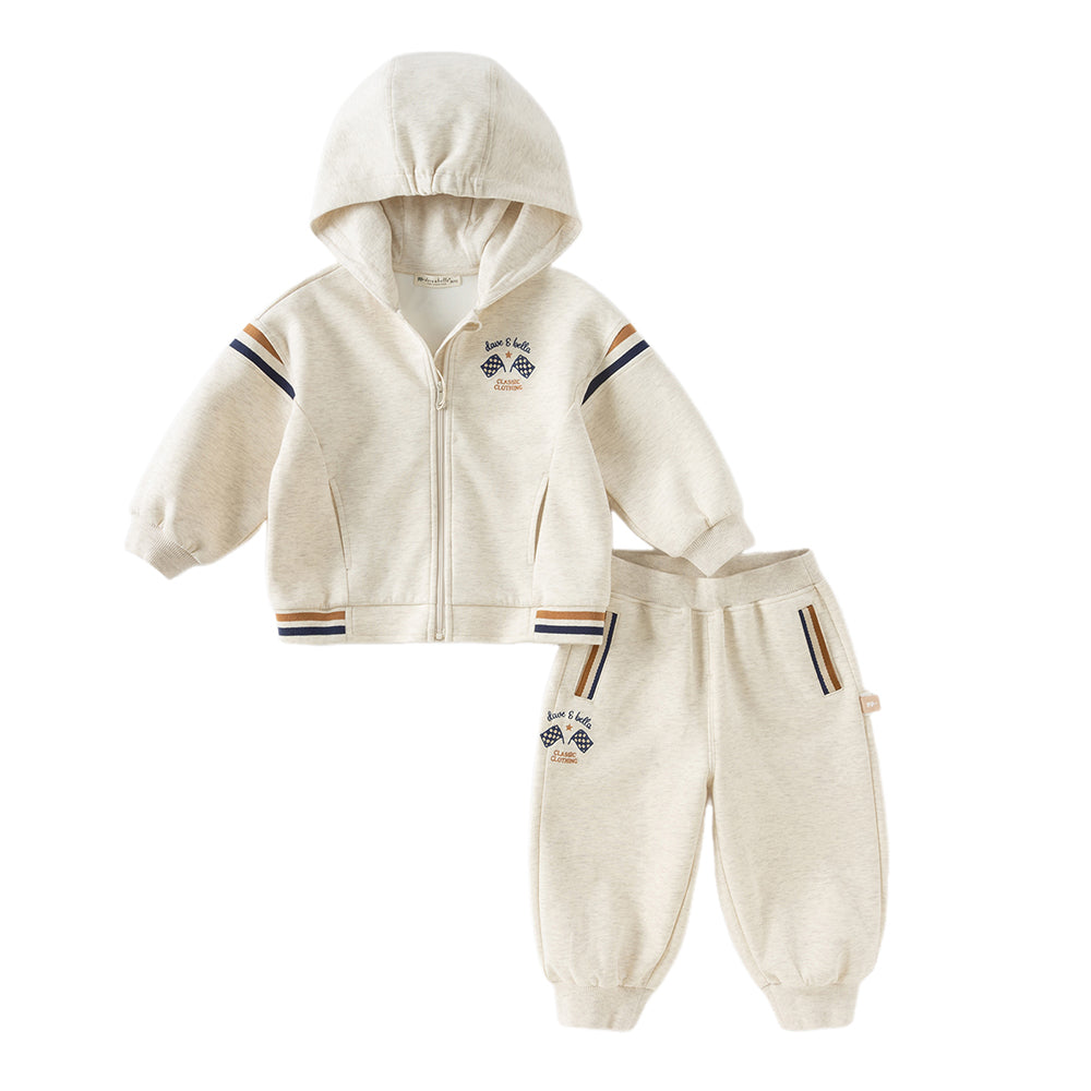 Dave&Bella Toddler Boys Autumn Apricot Outdoor Hooded Coat Long Pants Suits Set