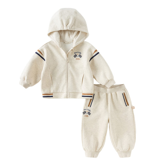 Dave&Bella Toddler Boys Autumn Apricot Outdoor Hooded Coat Long Pants Suits Set
